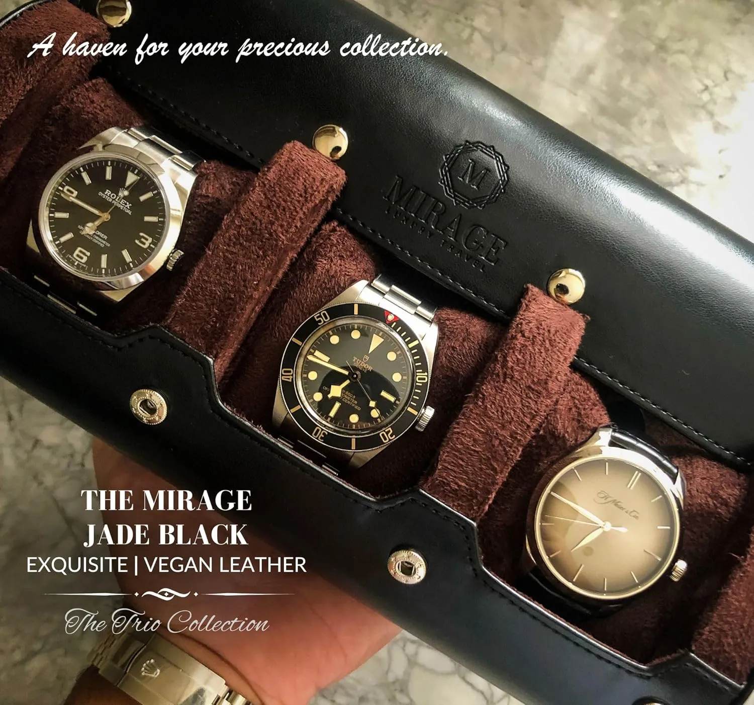 Watch Roll Case Organizer - Watch Travel Case for Men and Women - 3 Watch Carrying Case and Display - Jade Black with Mahogany Brown Interior Vegan Leather