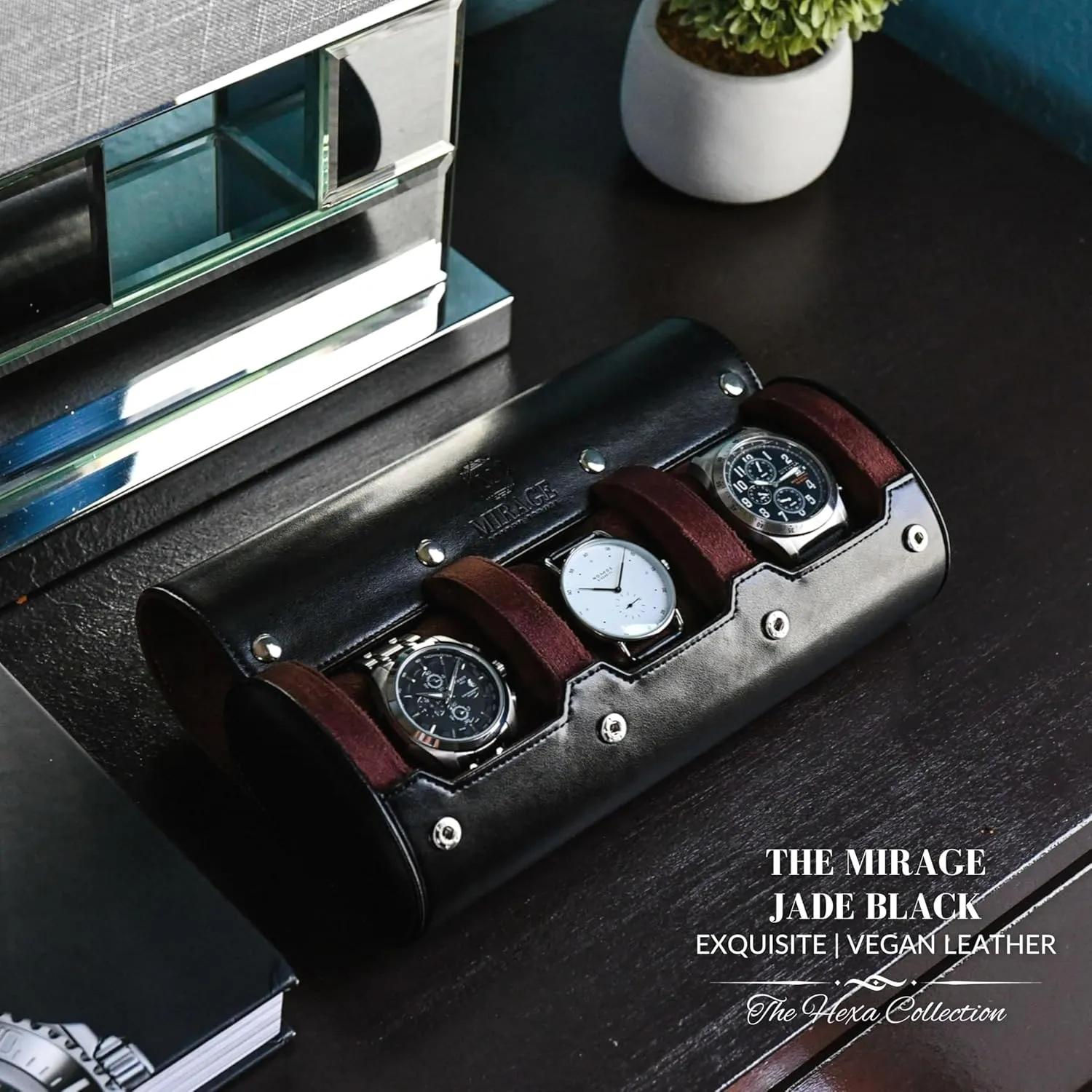 Watch Roll Case Organizer - Watch Travel Case for Men and Women - 3 Watch Carrying Case and Display - Jade Black with Mahogany Brown Interior Vegan Leather