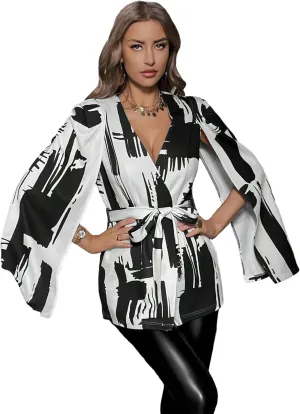 WDIRARA Women's All Over Printed Cloak Long Sleeve Belted V Neck Casual Loose Work Office Blazers