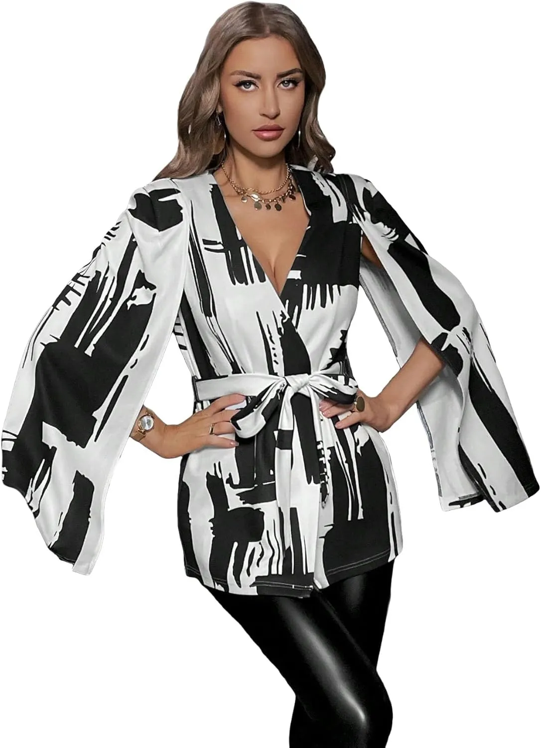 WDIRARA Women's All Over Printed Cloak Long Sleeve Belted V Neck Casual Loose Work Office Blazers