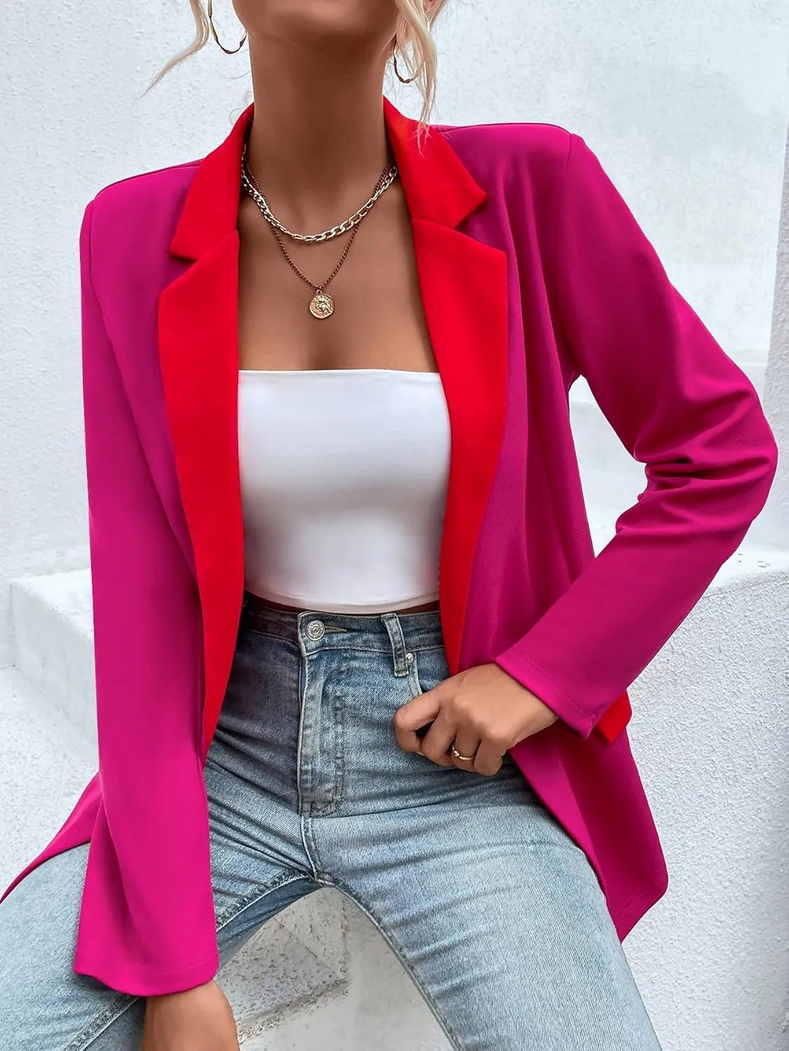 WDIRARA Women's Color Block Contrast Lapel Collar Double Breasted Long Sleeve Work Office Blazers