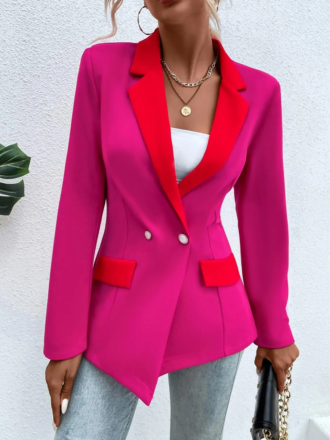 WDIRARA Women's Color Block Contrast Lapel Collar Double Breasted Long Sleeve Work Office Blazers