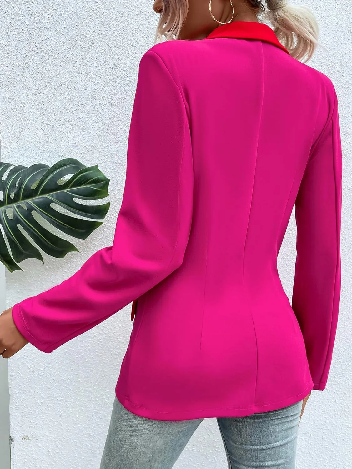 WDIRARA Women's Color Block Contrast Lapel Collar Double Breasted Long Sleeve Work Office Blazers
