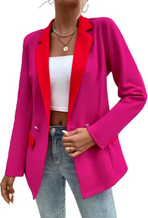 WDIRARA Women's Color Block Contrast Lapel Collar Double Breasted Long Sleeve Work Office Blazers