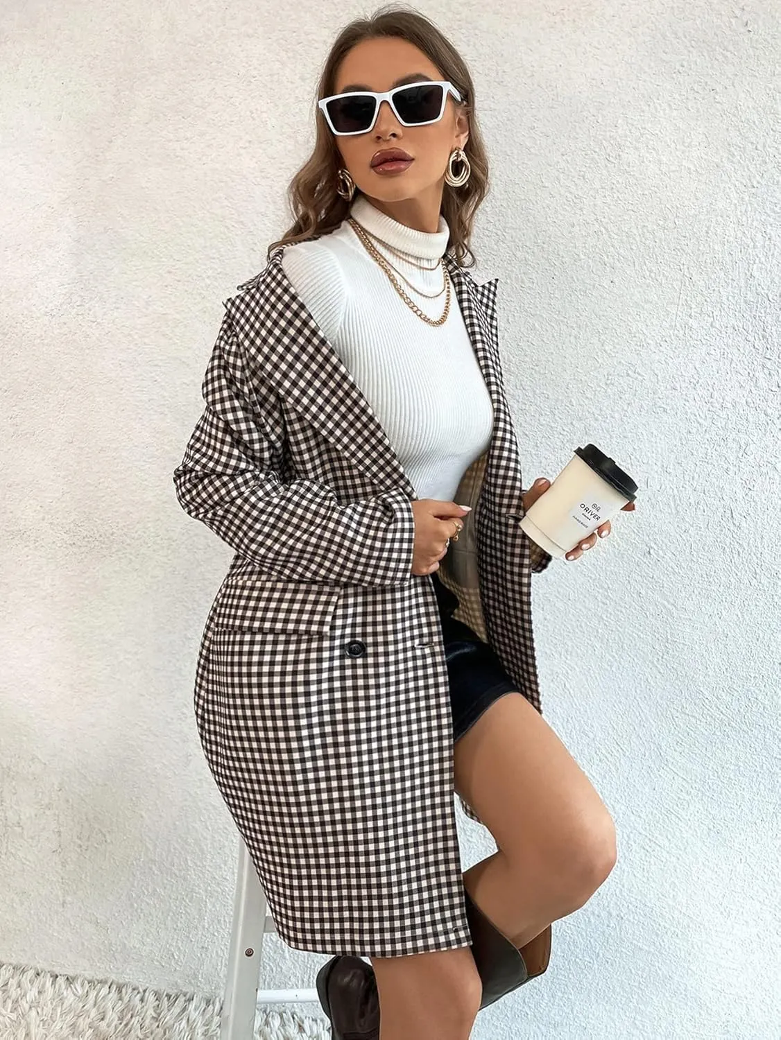 WDIRARA Women's Plaid Button Front Long Sleeve Blazer Elegant Gingham Jacket