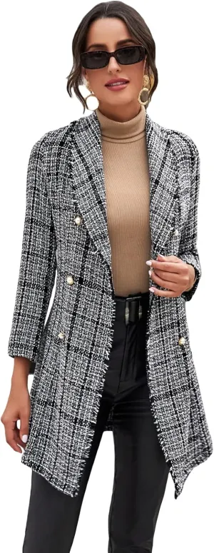 WDIRARA Women's Plaid Button Front Long Sleeve Blazer Elegant Gingham Jacket