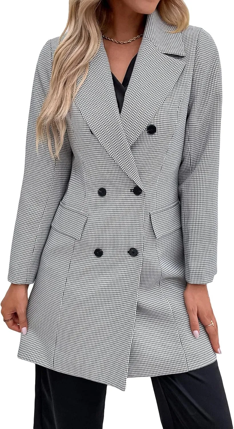 WDIRARA Women's Plaid Button Front Long Sleeve Blazer Elegant Gingham Jacket