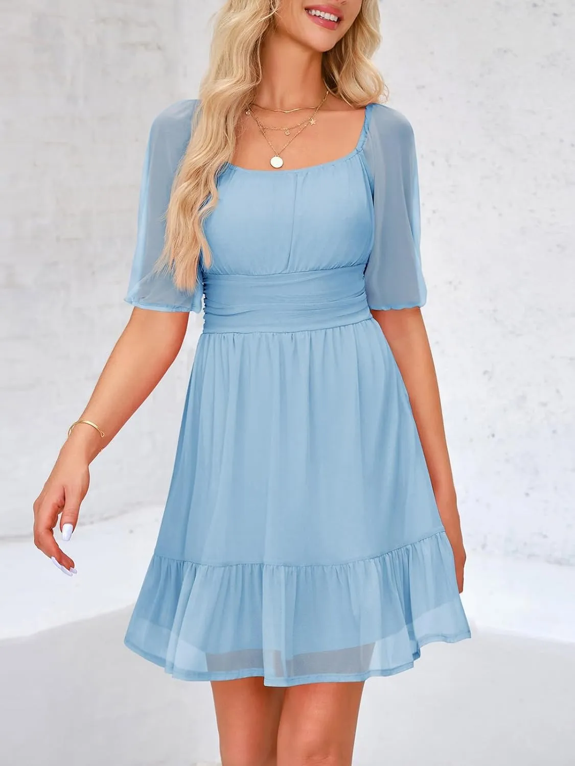 Wenrine Womens Puff Short Sleeve Mini Dress Mesh Square Neck High Waist Ruffle Hem Flowy Party A Line Dress