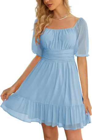 Wenrine Womens Puff Short Sleeve Mini Dress Mesh Square Neck High Waist Ruffle Hem Flowy Party A Line Dress