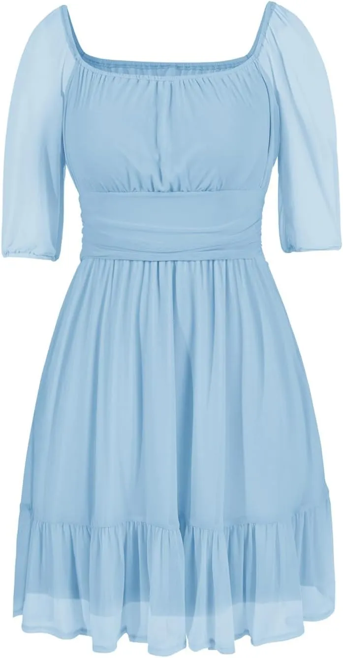 Wenrine Womens Puff Short Sleeve Mini Dress Mesh Square Neck High Waist Ruffle Hem Flowy Party A Line Dress