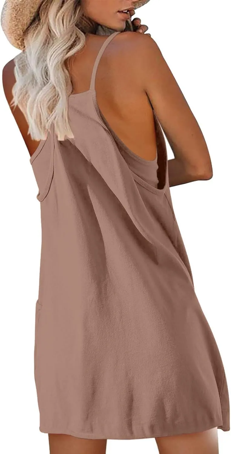 Women Athletic Sleeveless Mini Dress with Built-in Shorts V Neck Spaghetti Strap Sundress with Pockets Tennis Outfits