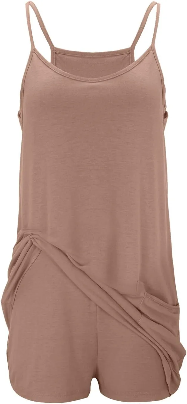 Women Athletic Sleeveless Mini Dress with Built-in Shorts V Neck Spaghetti Strap Sundress with Pockets Tennis Outfits
