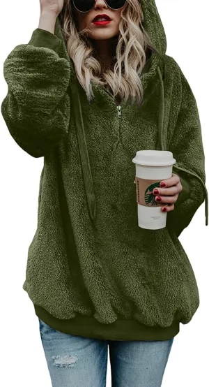 Women Casual Double Fuzzy Sweatshirt Faux Fleece Zip Pullover Hoodies Coat Outwear S-XXL