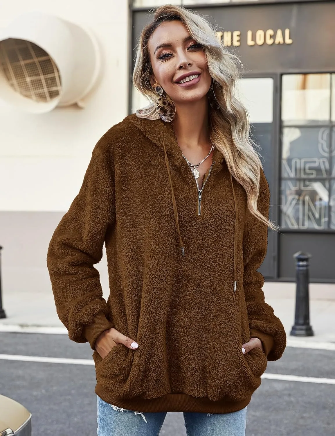 Women Casual Double Fuzzy Sweatshirt Faux Fleece Zip Pullover Hoodies Coat Outwear S-XXL