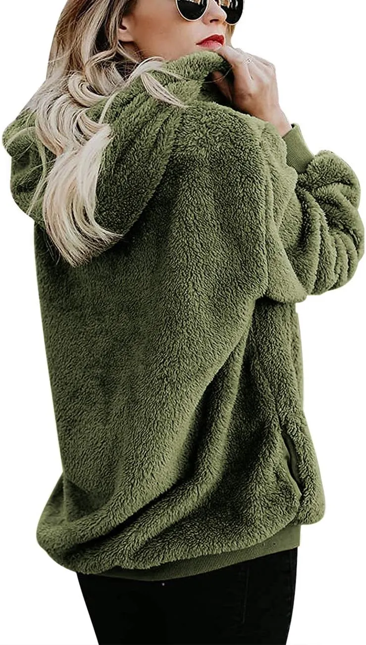 Women Casual Double Fuzzy Sweatshirt Faux Fleece Zip Pullover Hoodies Coat Outwear S-XXL
