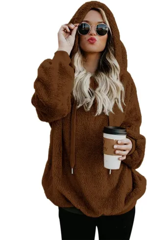 Women Casual Double Fuzzy Sweatshirt Faux Fleece Zip Pullover Hoodies Coat Outwear S-XXL