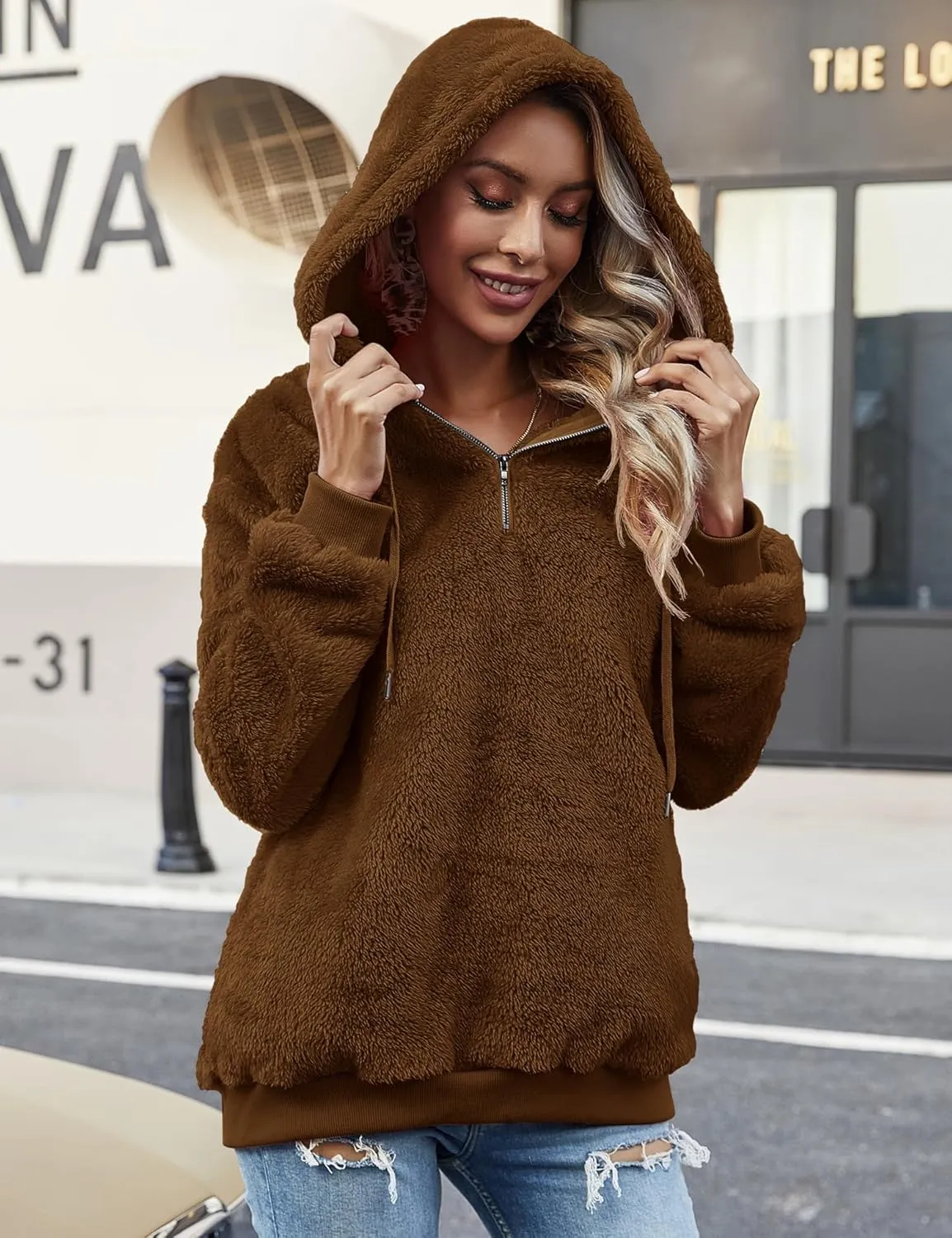 Women Casual Double Fuzzy Sweatshirt Faux Fleece Zip Pullover Hoodies Coat Outwear S-XXL