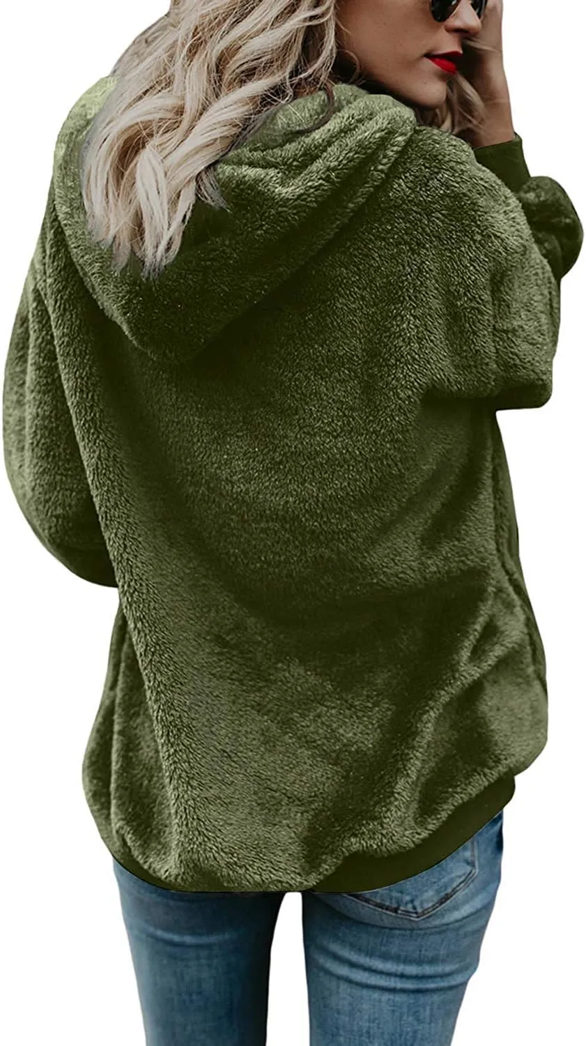 Women Casual Double Fuzzy Sweatshirt Faux Fleece Zip Pullover Hoodies Coat Outwear S-XXL