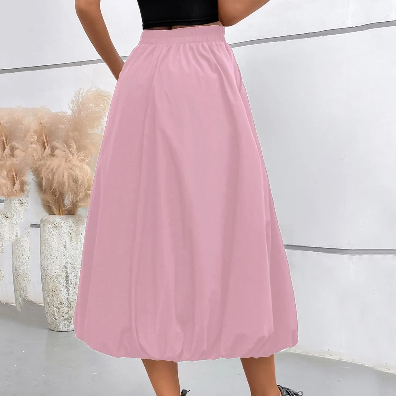 Women Casual Midi Skirts Summer Casual Trendy Solid Color Elastic Hight Waist Skirt Flowy A-Line Skirts with Pockets