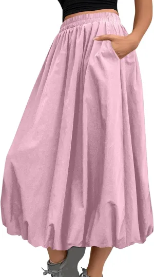 Women Casual Midi Skirts Summer Casual Trendy Solid Color Elastic Hight Waist Skirt Flowy A-Line Skirts with Pockets