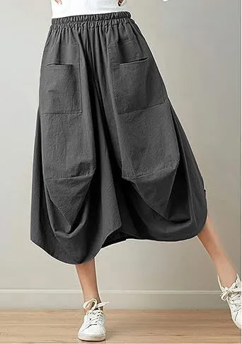 Women Casual Skirts Vintage Linen Cotton High Waisted Summer Midi Skirt