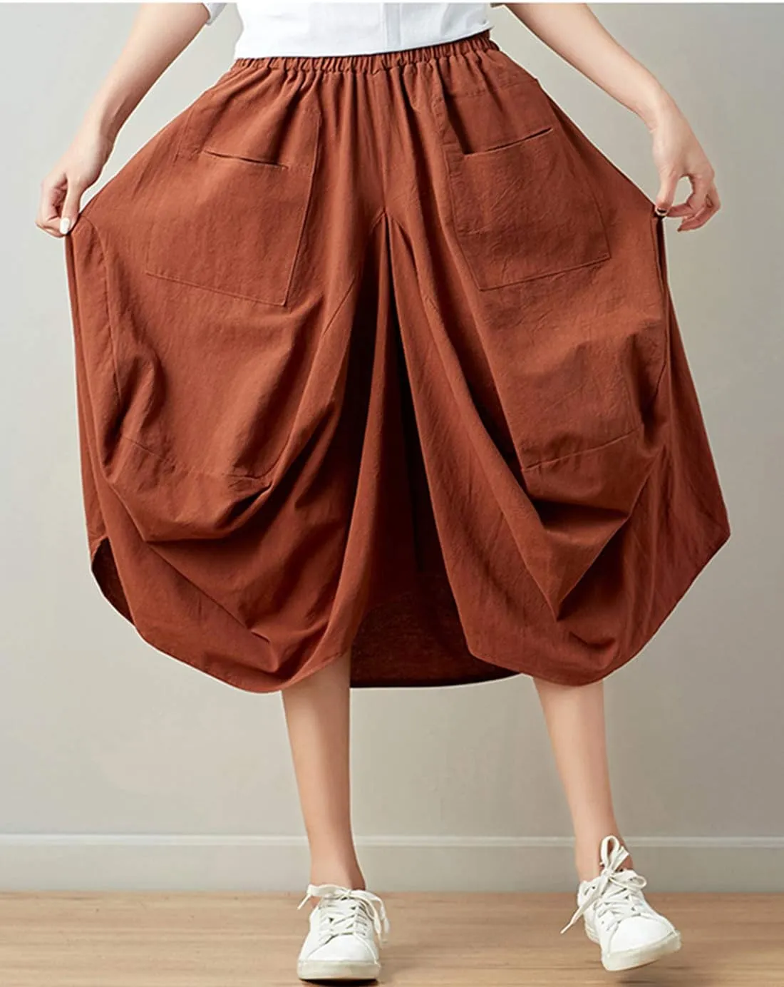 Women Casual Skirts Vintage Linen Cotton High Waisted Summer Midi Skirt