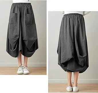Women Casual Skirts Vintage Linen Cotton High Waisted Summer Midi Skirt