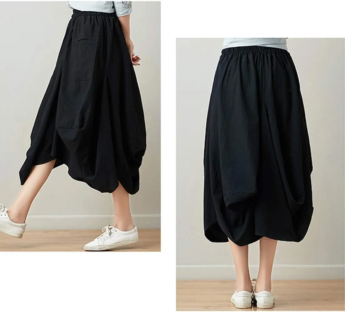 Women Casual Skirts Vintage Linen Cotton High Waisted Summer Midi Skirt