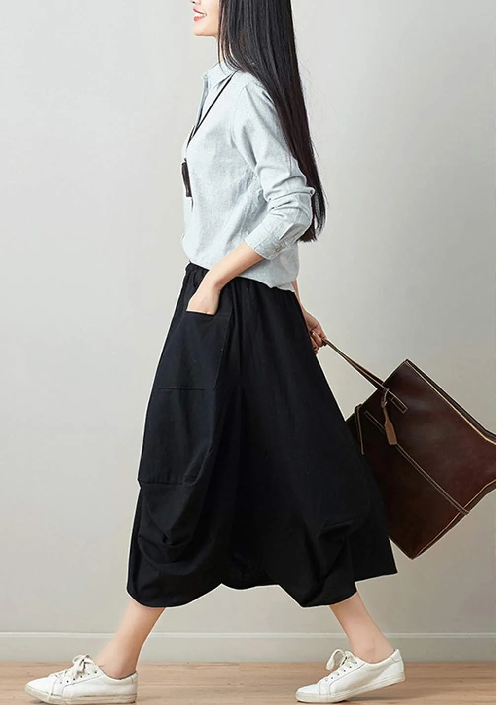 Women Casual Skirts Vintage Linen Cotton High Waisted Summer Midi Skirt