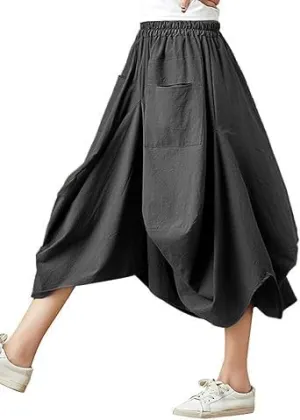 Women Casual Skirts Vintage Linen Cotton High Waisted Summer Midi Skirt