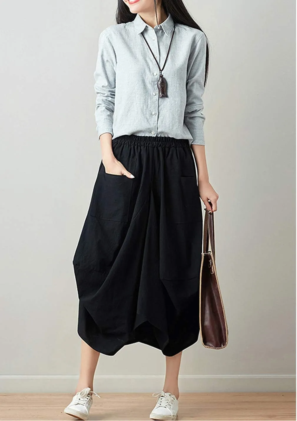 Women Casual Skirts Vintage Linen Cotton High Waisted Summer Midi Skirt