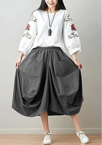 Women Casual Skirts Vintage Linen Cotton High Waisted Summer Midi Skirt