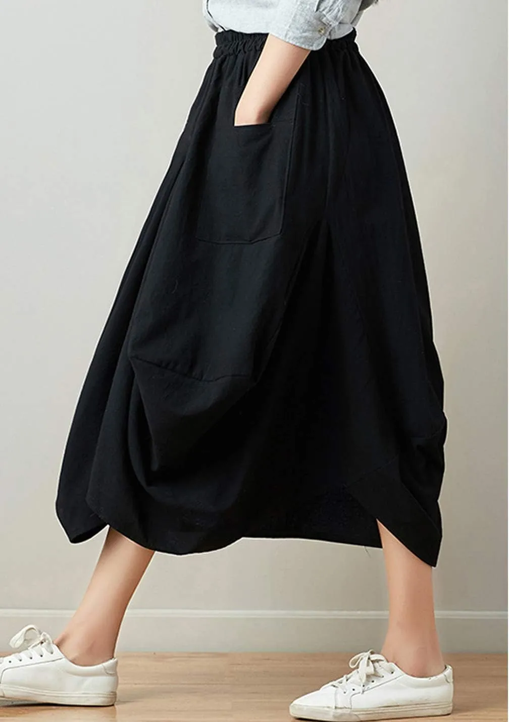 Women Casual Skirts Vintage Linen Cotton High Waisted Summer Midi Skirt