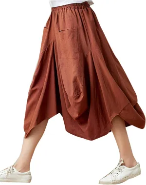Women Casual Skirts Vintage Linen Cotton High Waisted Summer Midi Skirt