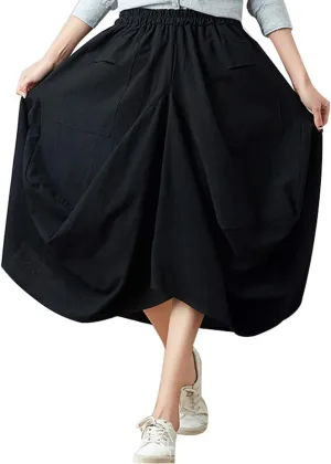 Women Casual Skirts Vintage Linen Cotton High Waisted Summer Midi Skirt
