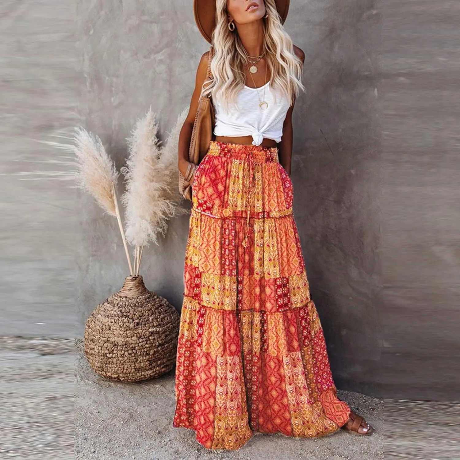 Women Chiffon Elastic High Waist Tie Paisley Print Maxi Skirt Summer Boho A-Line Flowy Ruffle Tiered Beach Skirts