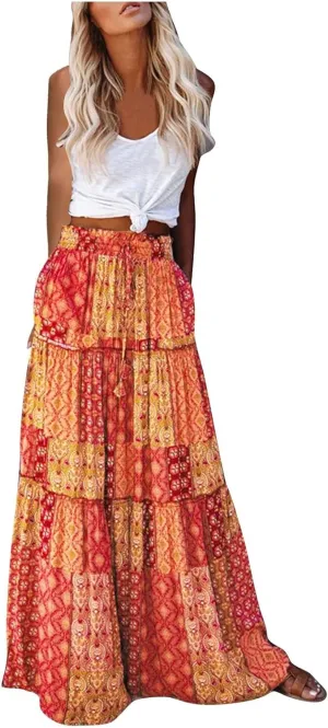 Women Chiffon Elastic High Waist Tie Paisley Print Maxi Skirt Summer Boho A-Line Flowy Ruffle Tiered Beach Skirts