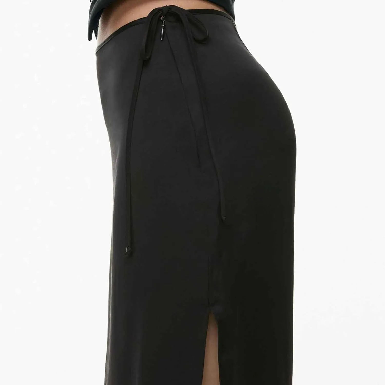 Women Drawstring High Waisted Maxi Skirt Solid Color Comfy Casual Skirt Side Split Hem Vacation Lounge Long Skirt