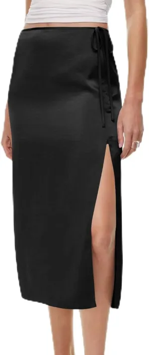 Women Drawstring High Waisted Maxi Skirt Solid Color Comfy Casual Skirt Side Split Hem Vacation Lounge Long Skirt