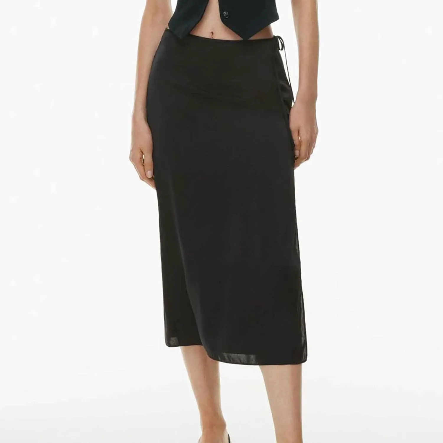 Women Drawstring High Waisted Maxi Skirt Solid Color Comfy Casual Skirt Side Split Hem Vacation Lounge Long Skirt