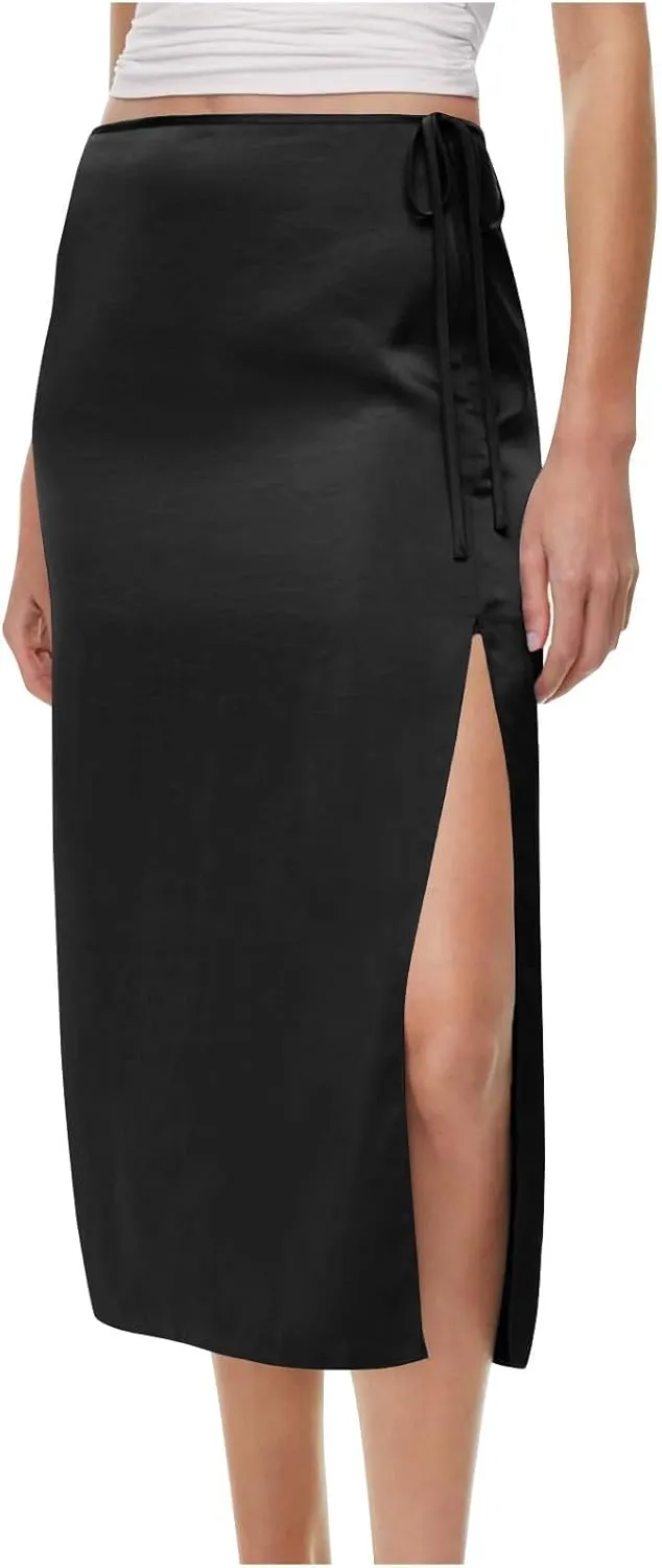 Women Drawstring High Waisted Maxi Skirt Solid Color Comfy Casual Skirt Side Split Hem Vacation Lounge Long Skirt