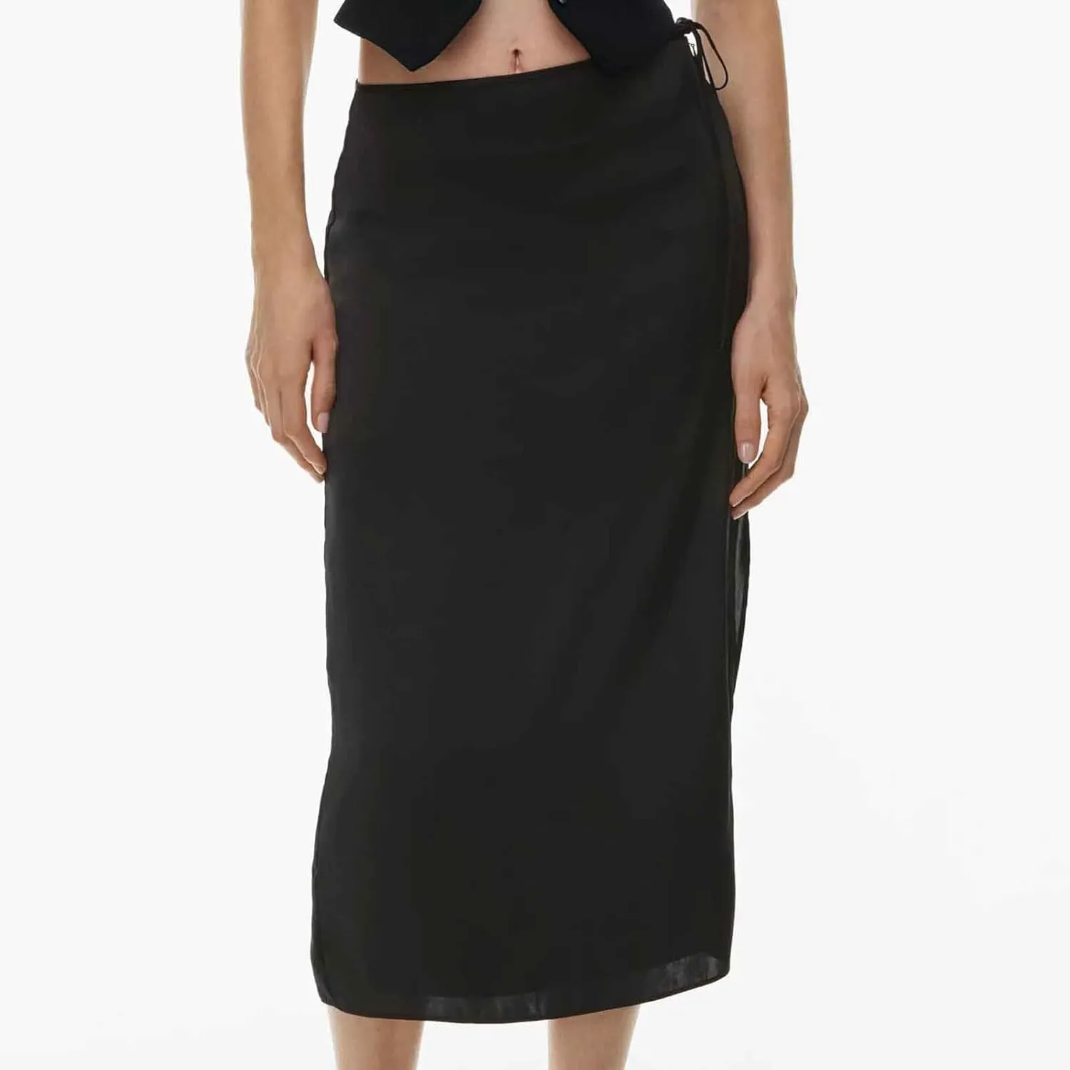 Women Drawstring High Waisted Maxi Skirt Solid Color Comfy Casual Skirt Side Split Hem Vacation Lounge Long Skirt