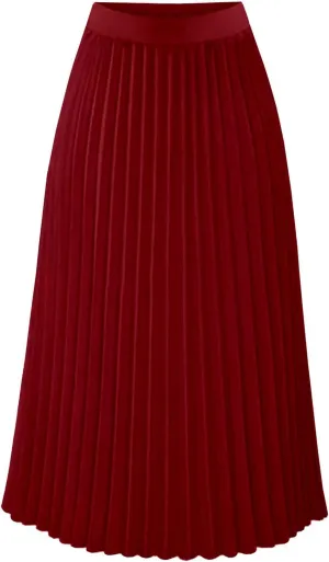 Women Elastic High Waist Pleated Skirt Solid Color Chiffon Casual Midi Swing A-line Skirts