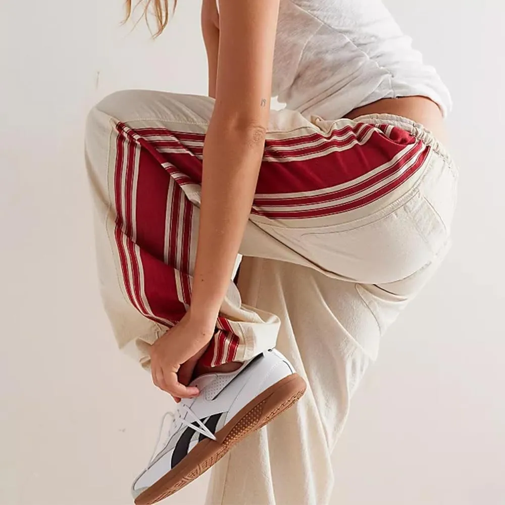 Women Emo Grunge Wide Leg Track Pants Y2K Side Striped Palazzo Pants Vintage Hippie Drawstring Sweatpants with Pockets