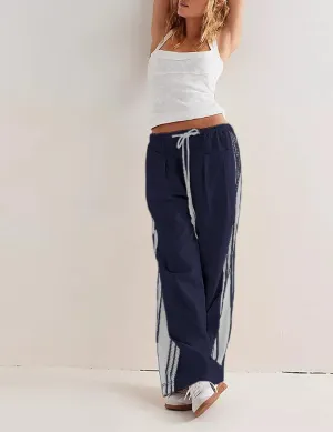 Women Emo Grunge Wide Leg Track Pants Y2K Side Striped Palazzo Pants Vintage Hippie Drawstring Sweatpants with Pockets