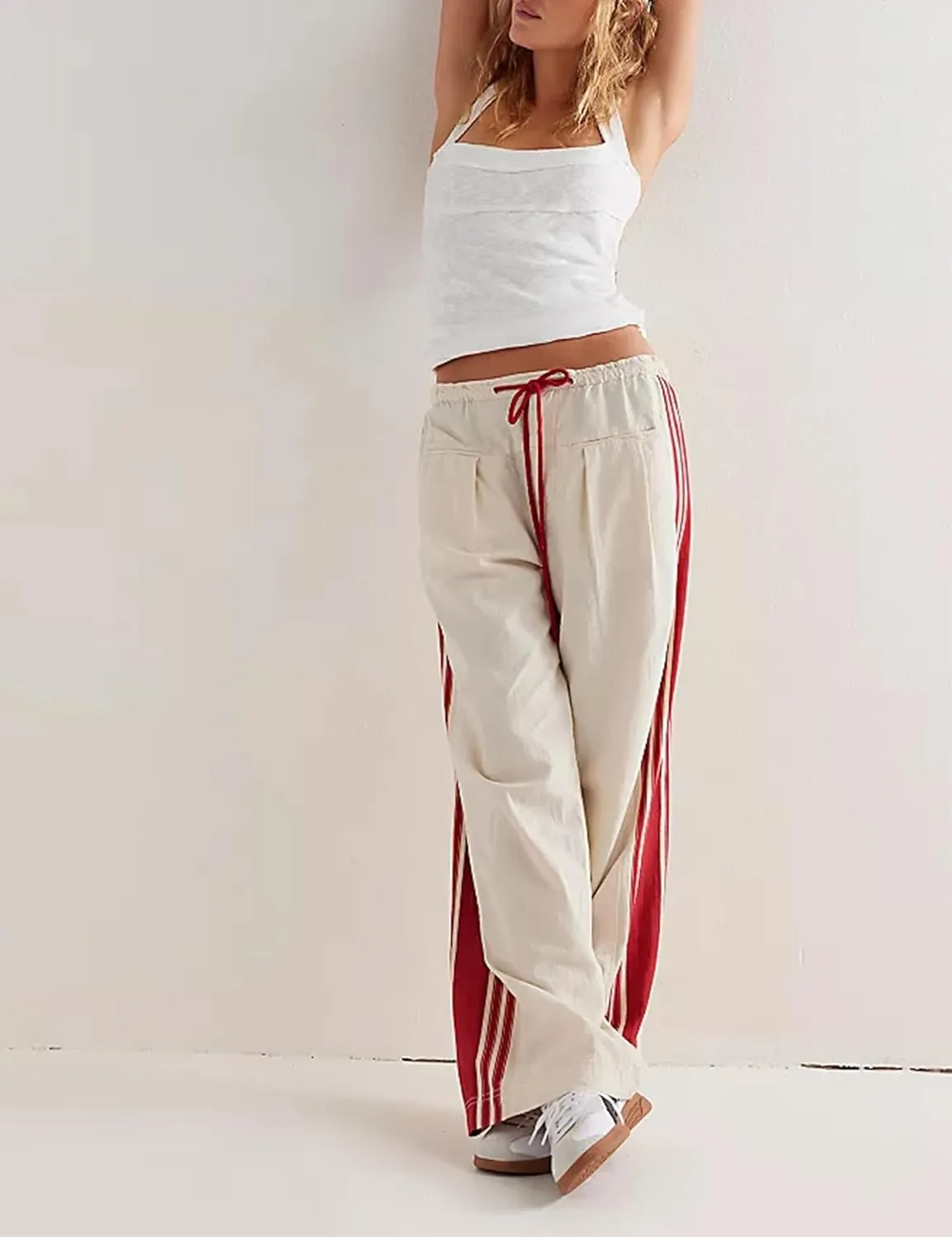 Women Emo Grunge Wide Leg Track Pants Y2K Side Striped Palazzo Pants Vintage Hippie Drawstring Sweatpants with Pockets