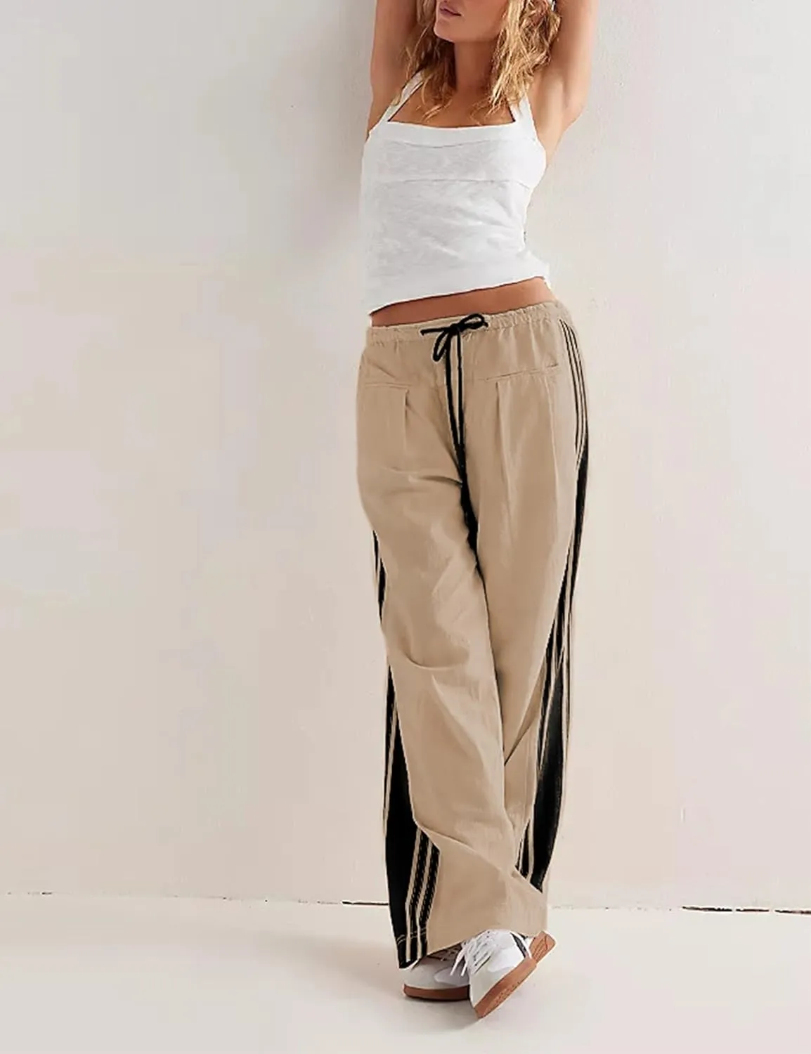 Women Emo Grunge Wide Leg Track Pants Y2K Side Striped Palazzo Pants Vintage Hippie Drawstring Sweatpants with Pockets