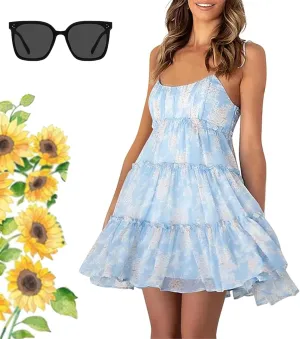 Women Floral Mini Dress Spaghetti Strap Ruffle Tiered Dress, 2025 Boho Flowy Skater Sleeveless Beach Dresses Sundresses