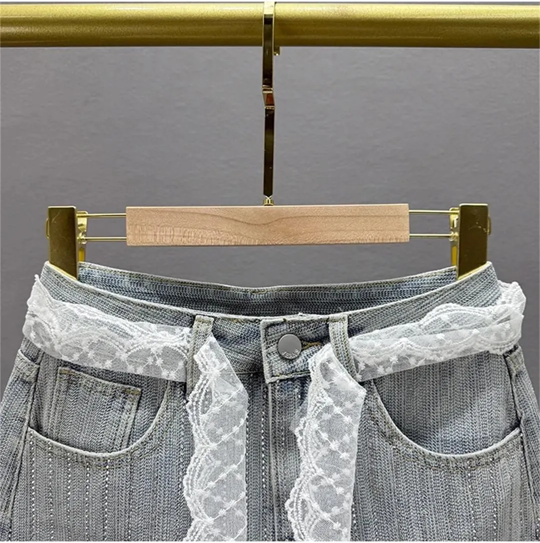 Women Lace Belt Denim Skirt Summer Clothes High Waist Slim-Fit Streetwear Heavy Industry Hot Diamond Hip Skirt