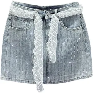 Women Lace Belt Denim Skirt Summer Clothes High Waist Slim-Fit Streetwear Heavy Industry Hot Diamond Hip Skirt